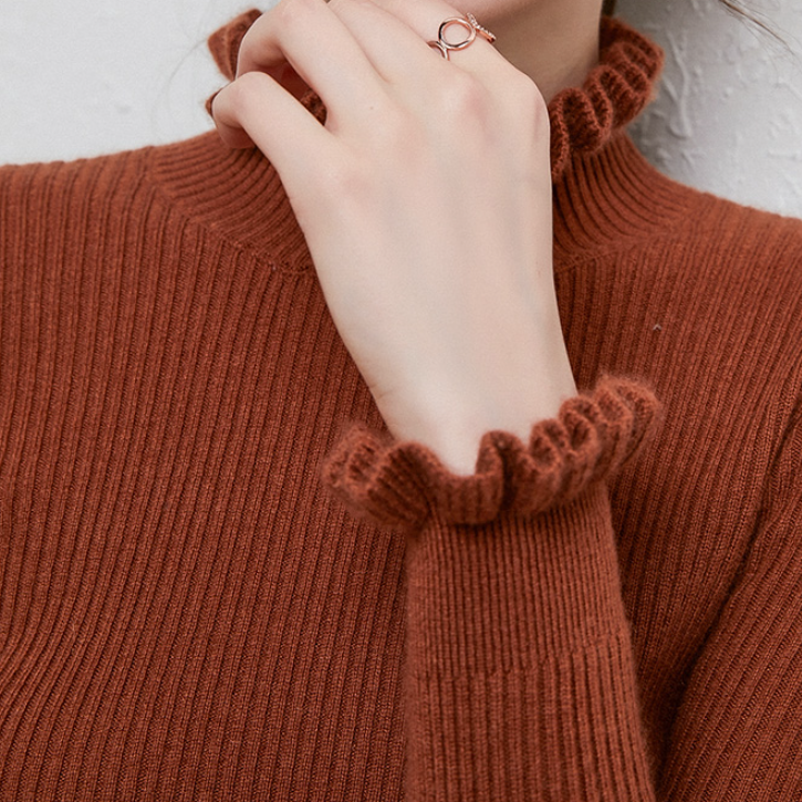 Suéter de cuello alto para mujer con elegante detalle de encaje en cuello y mangas