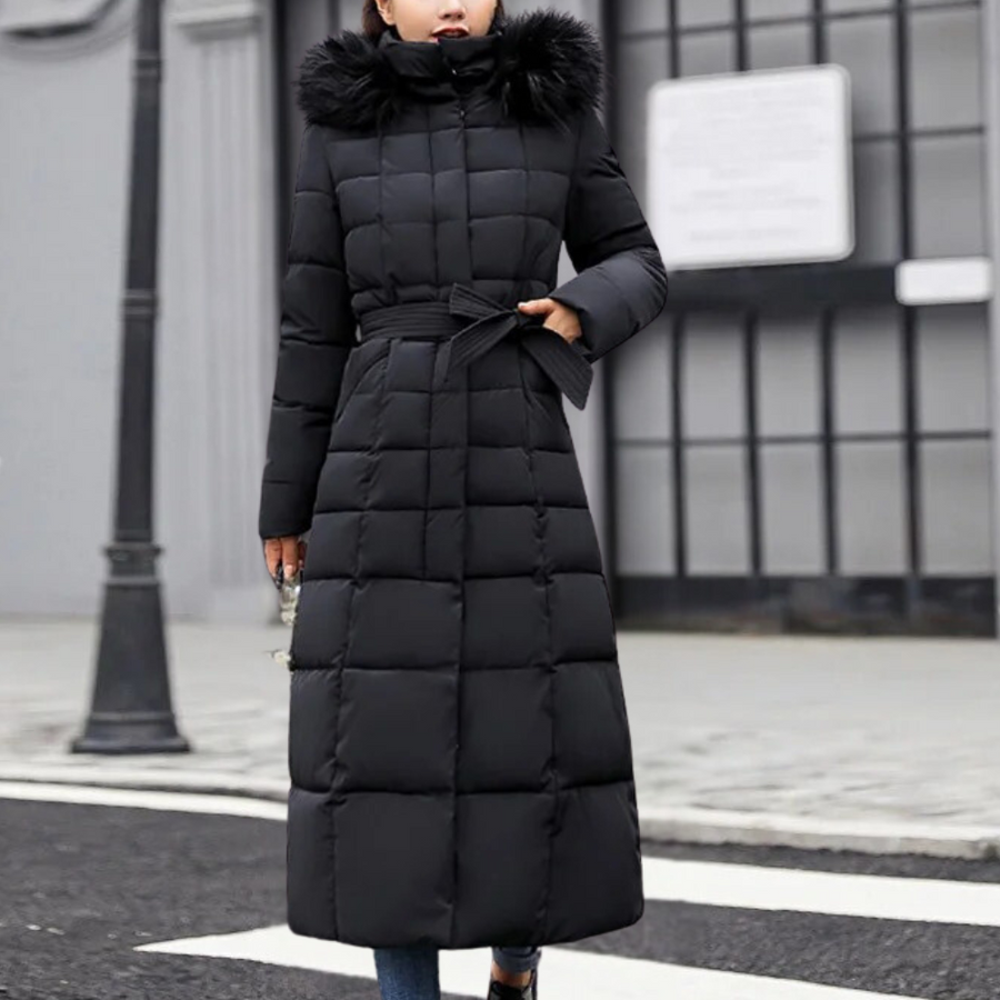 Chaqueta larga cálida para mujer con capucha y diseño moderno