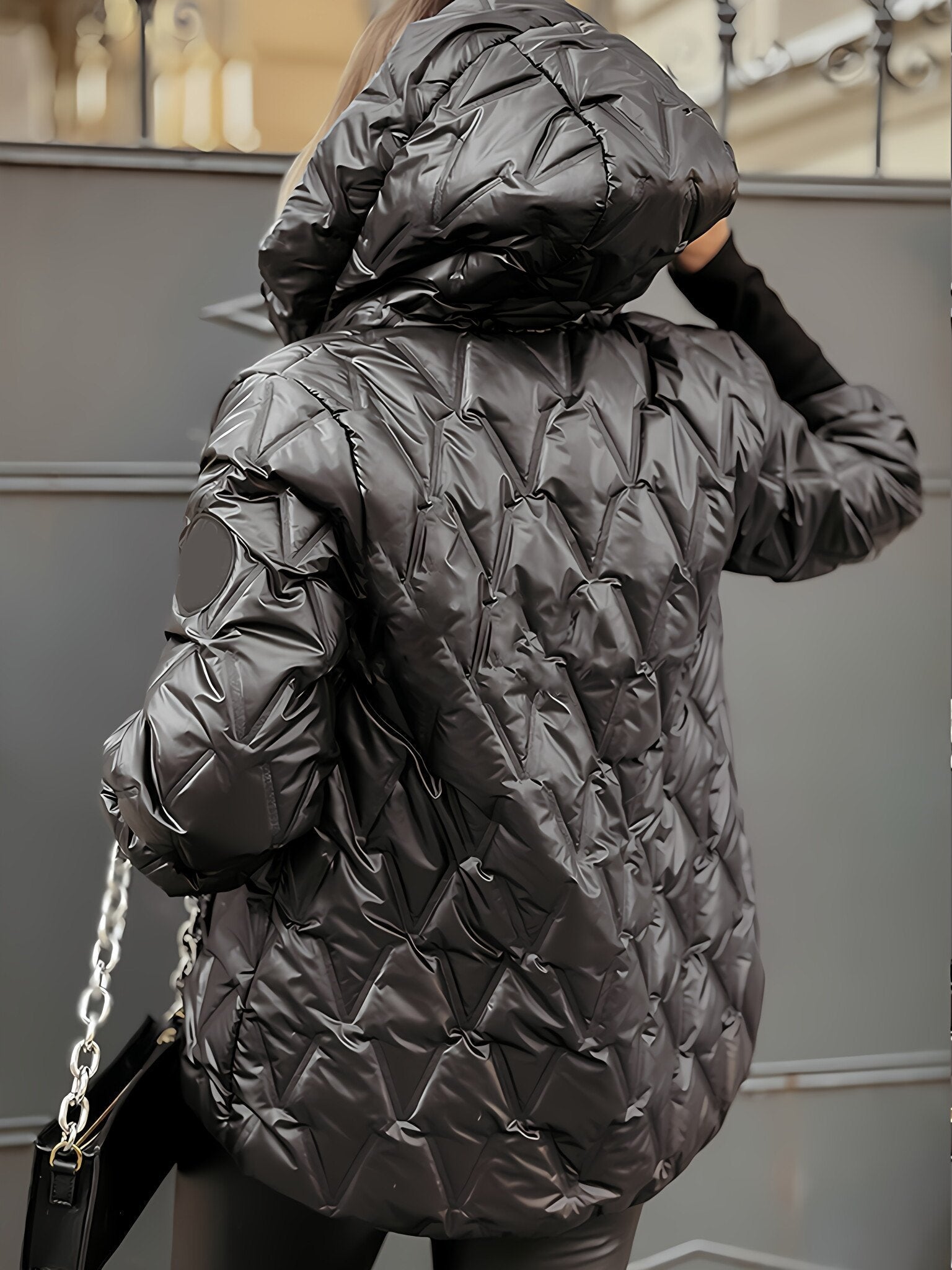 Chaqueta con Capucha de Mujer de Manga Larga para Otoño e Invierno con Diseño de Diamantes