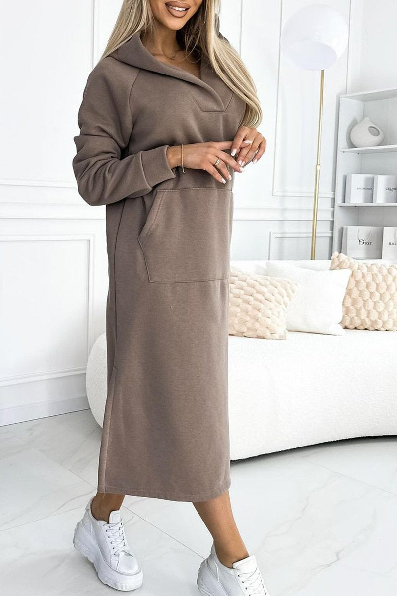 Vestido largo de mujer para otoño e invierno, color sólido y con capucha, casual y versátil