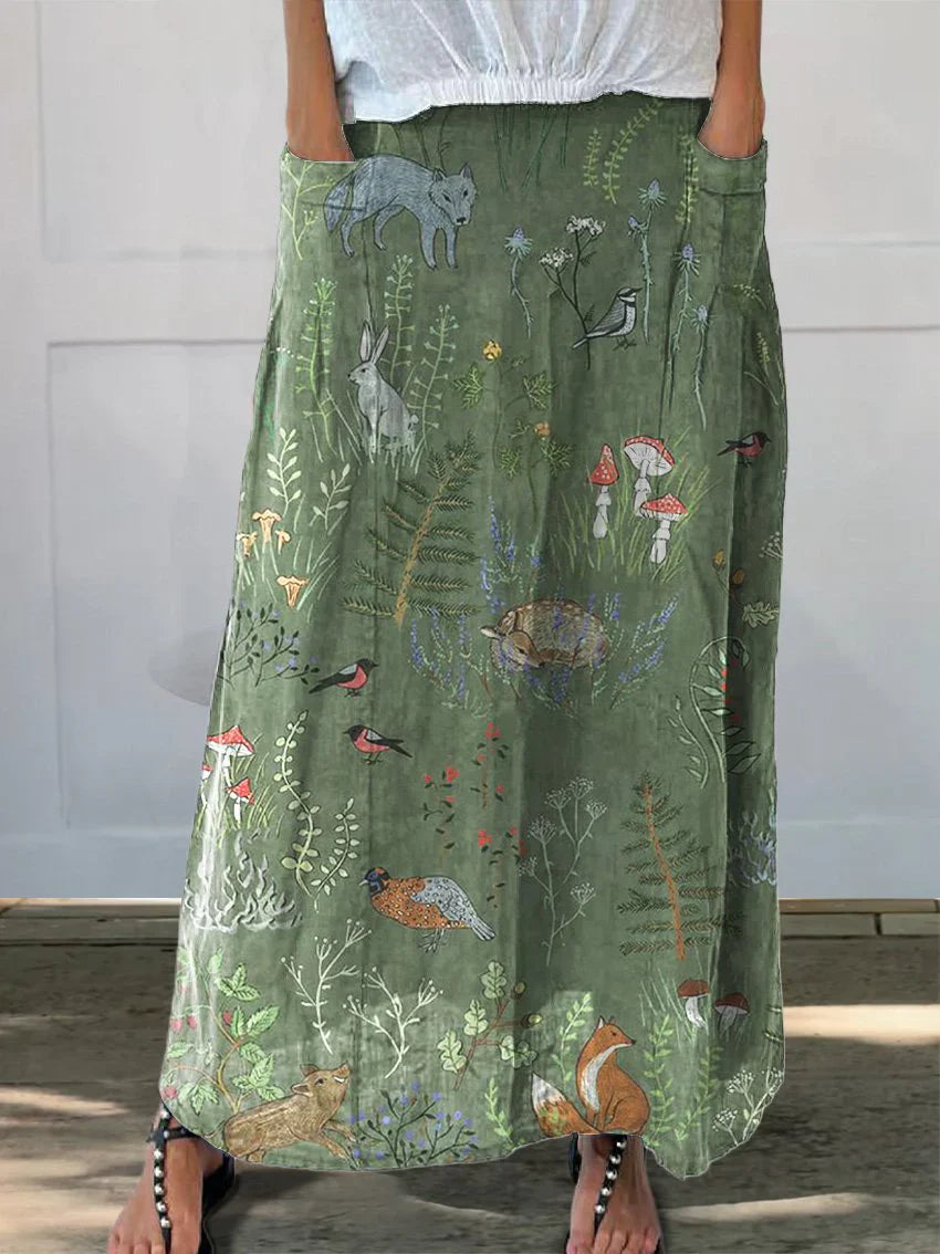 Falda con bolsillos de lona para mujer con estampado de bosques y animales