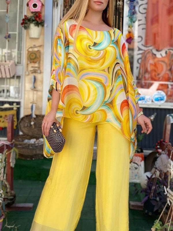 Sara - Dos piezas de mujer en gasa de colores con estampado y relajado escote redondo para el verano