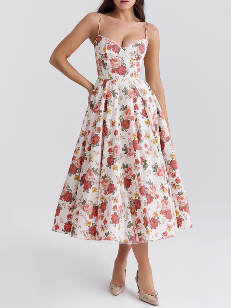 Victoria - Vestido midi de tul con estampado de rosas italianas