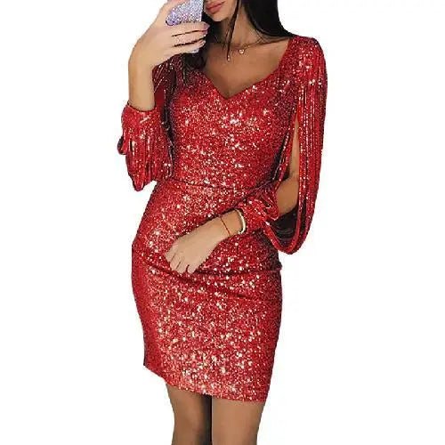 Vestido de noche brillante con mangas largas abiertas con estilo