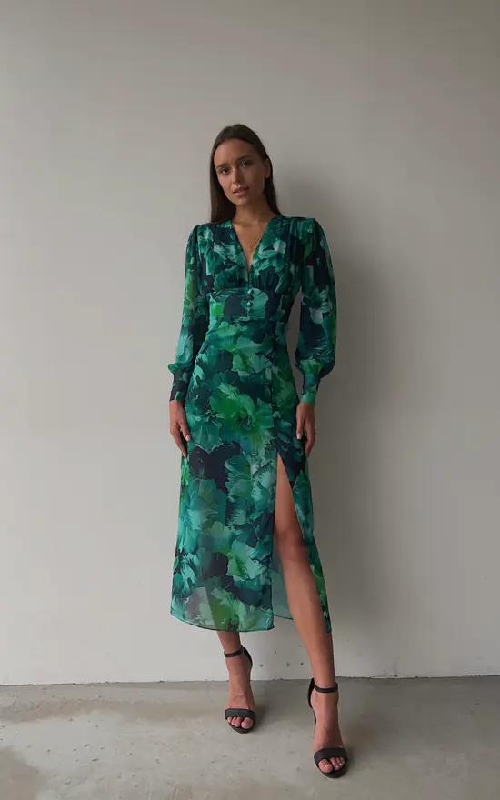 Vestido midi elegante con mangas largas abullonadas y escote en V profundo