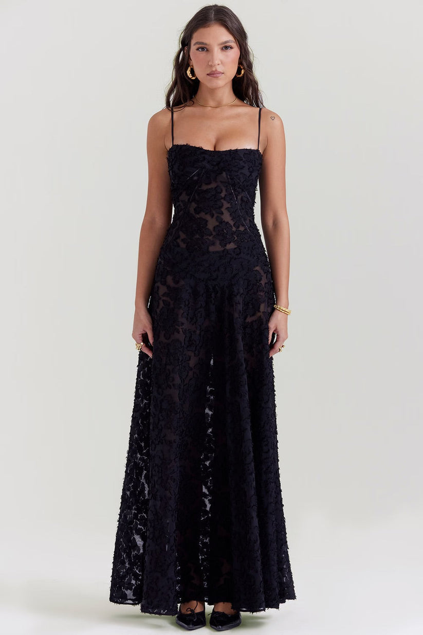 Vestido maxi con encaje y tejido brillante