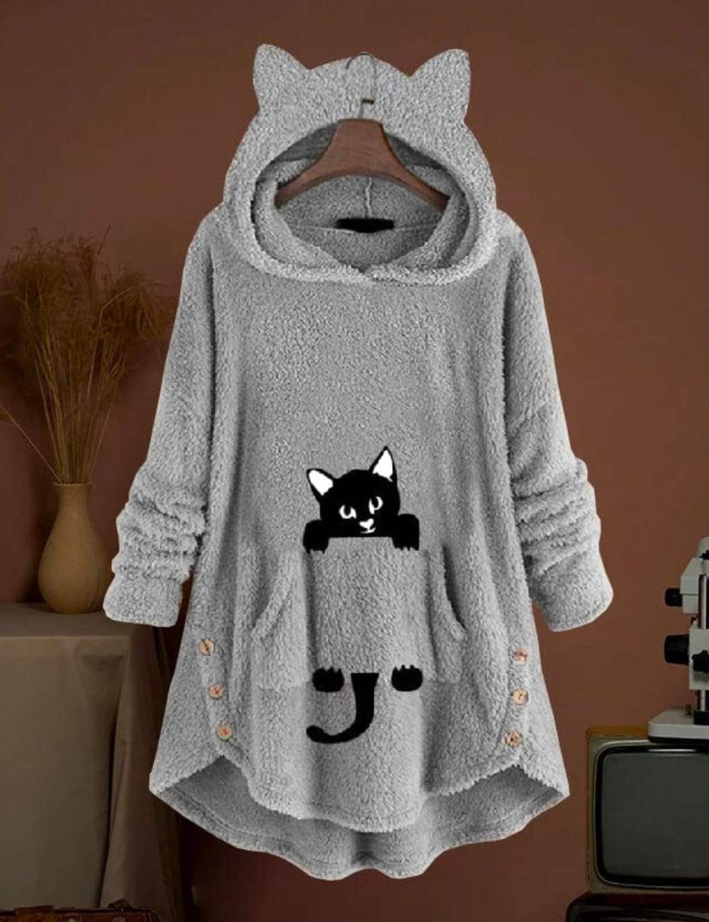 Sudadera larga con capucha y diseño de gato para un mira divertido y cómodo