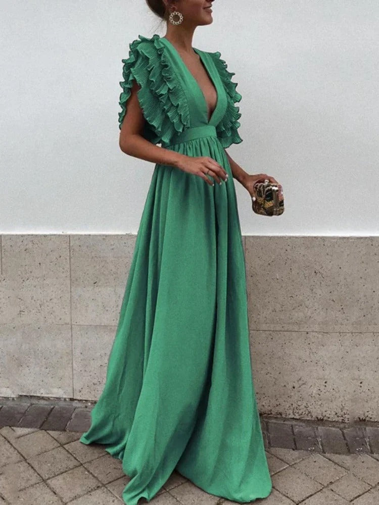 Vestido sofisticado con escote en V y mangas con volantes para un mira elegante
