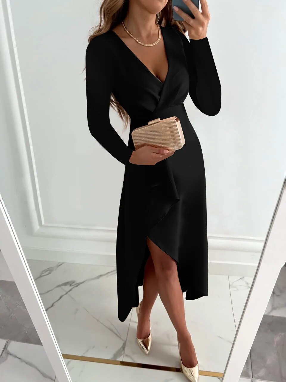 Vestido midi de manga larga con estilo versátil para mujer