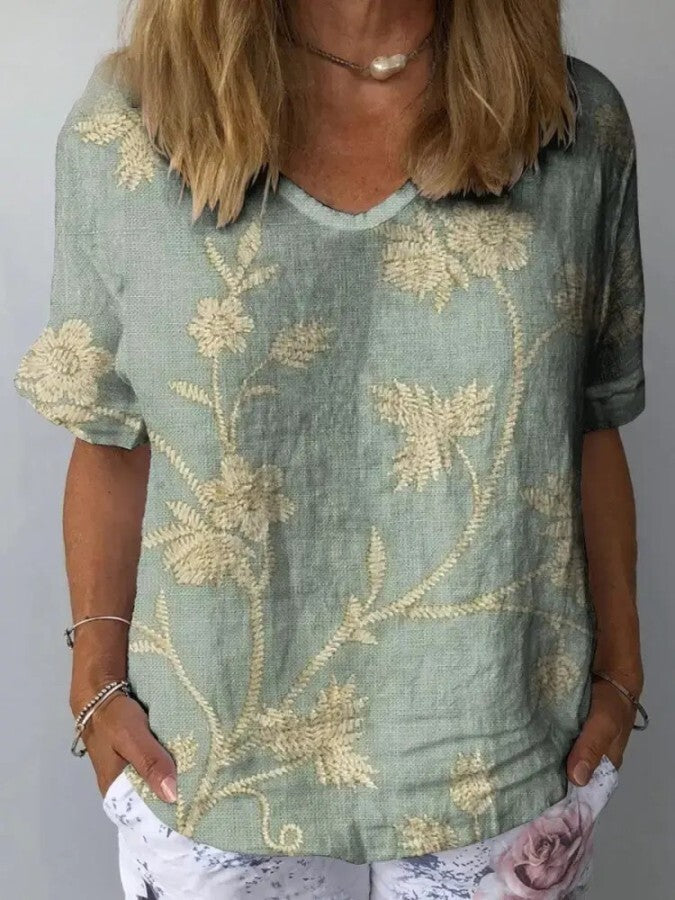 Camisa casual de mujer con estampado floral retro en algodón y lino