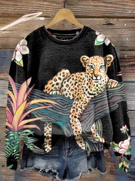 Sudadera de manga larga con cuello redondo y estampado floral de leopardo animal para mujer