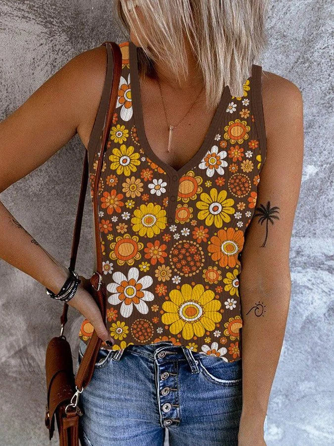 Camiseta sin mangas con estampado floral vintage para mujer