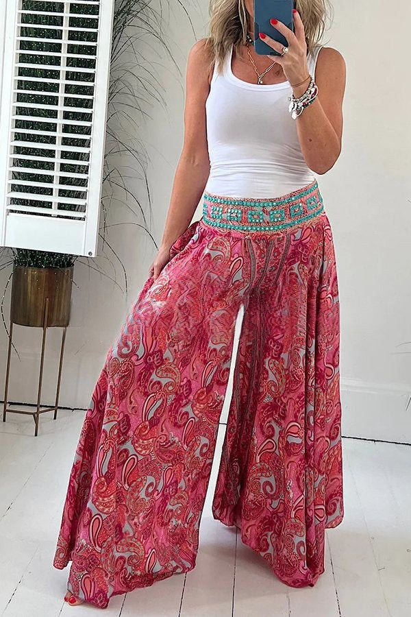 Pantalones ligeros con bolsillo y cintura elástica con estampado étnico de cachemira