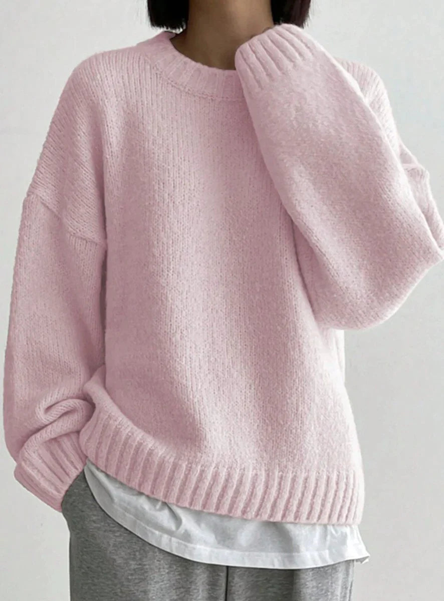 Andrea - Jersey liso rosa de manga larga y cuello redondo